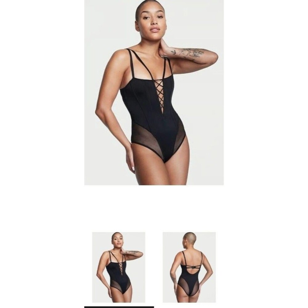 VICTORIAS SECRET BLACK CORSET TEDDY LARGE STRAPPY LACE UP SHEER MESH BONING SEXY